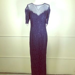 Eliza J Illusion Top Lace Evening Gown In Navy